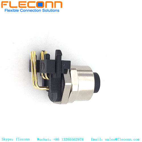 M12-A 4 Pin Female Panel Mount Connector, front lock, Right Angle