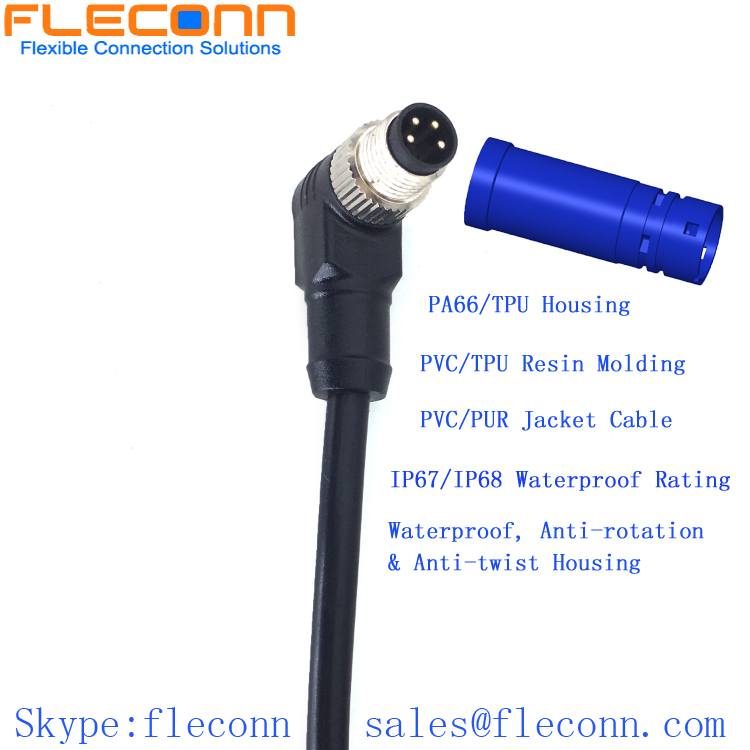 M8 4 Pin Position Male to Male Cable, Right Angle, IP67 IP68 Waterproof Rating