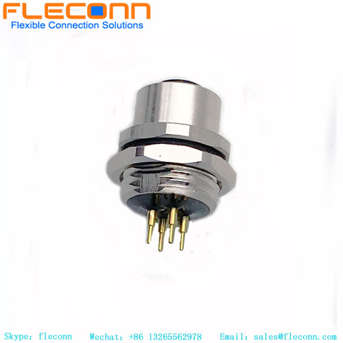 M12 PCB Panel Mount Connector, 4 Pins, Female, Rear Hex Nut Lock